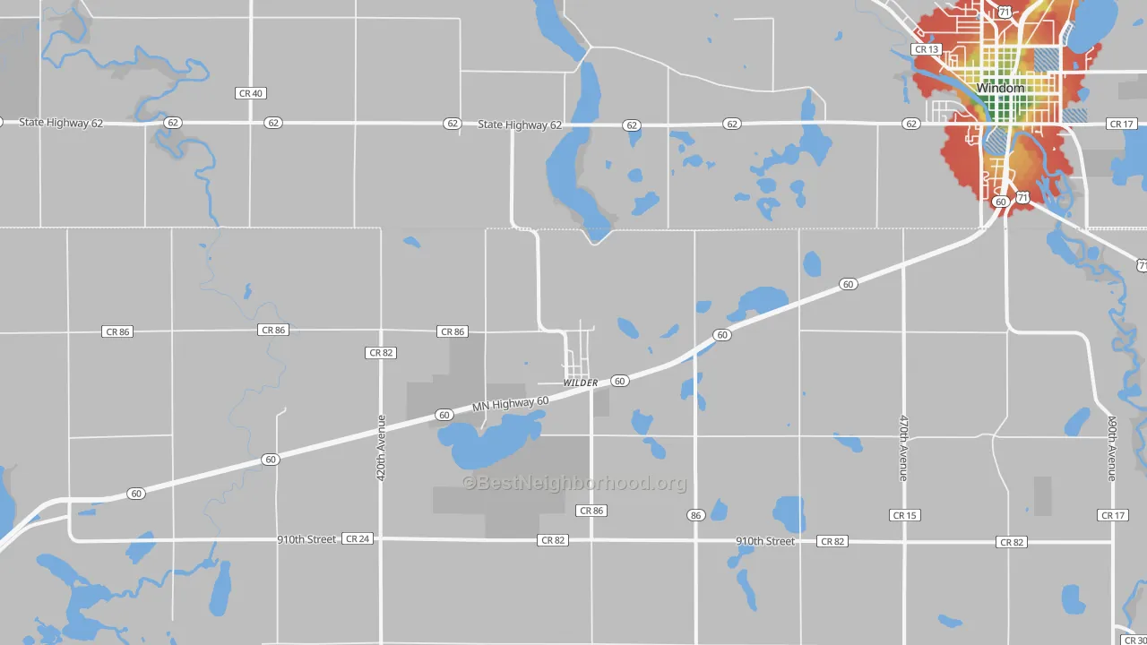 Walk Grade map of Wilder, MN, walkable areas in green and car-dependent areas in red
