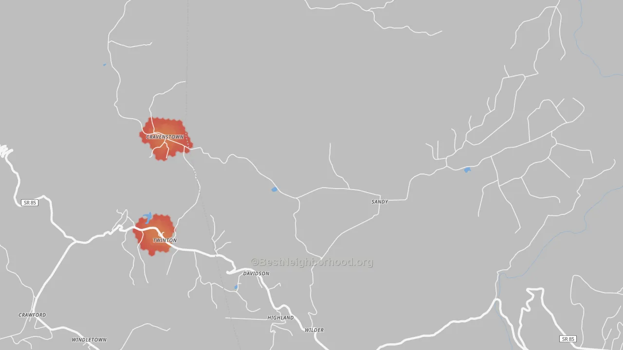 Walk Grade map of Wilder, TN, walkable areas in green and car-dependent areas in red