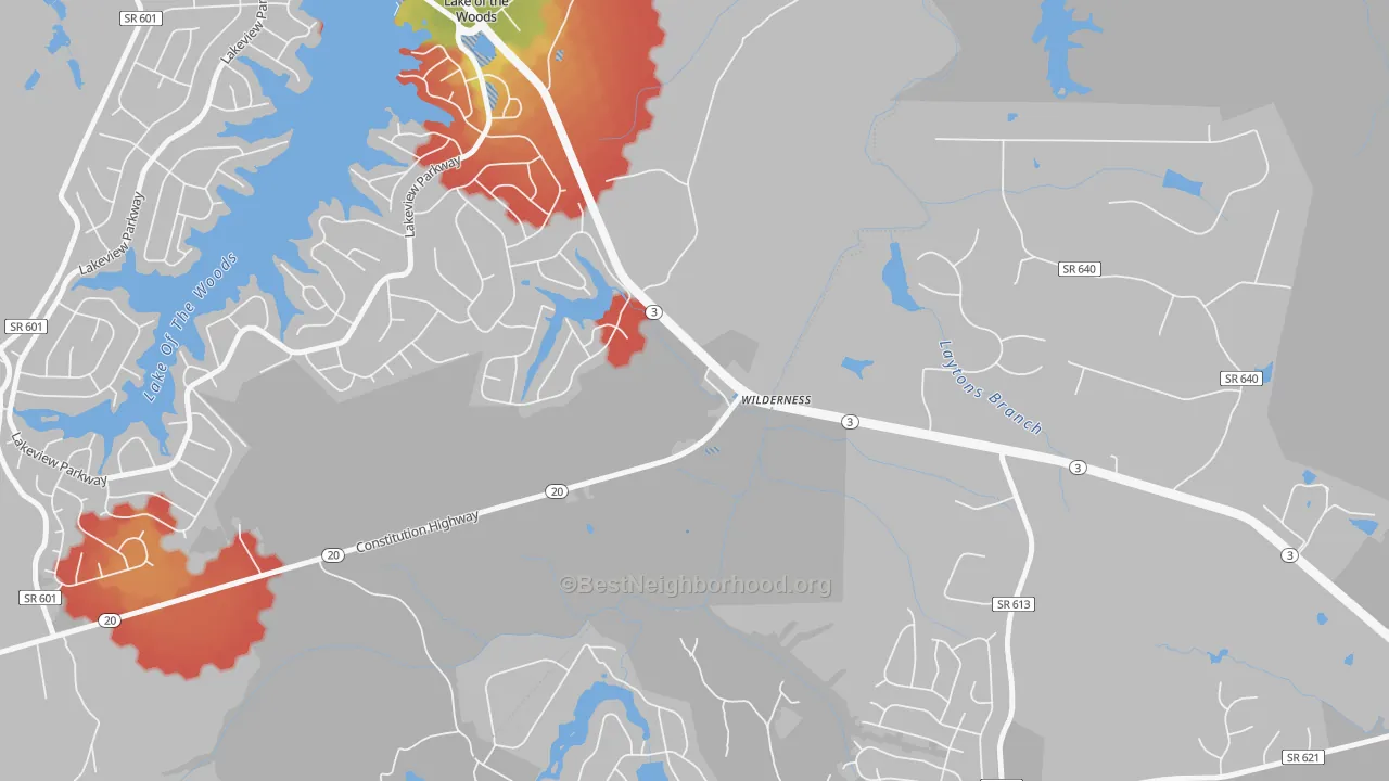 Walk Grade map of Wilderness, VA, walkable areas in green and car-dependent areas in red
