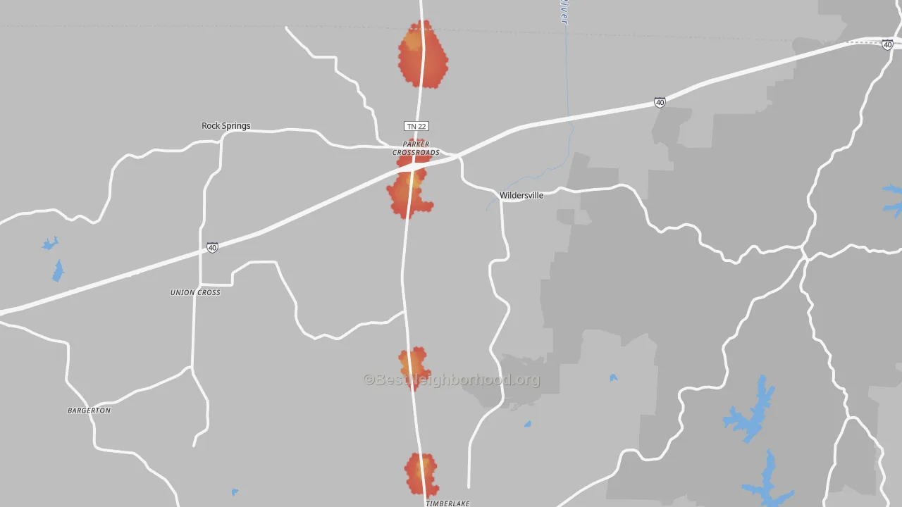 Walk Grade map of Wildersville, TN, walkable areas in green and car-dependent areas in red