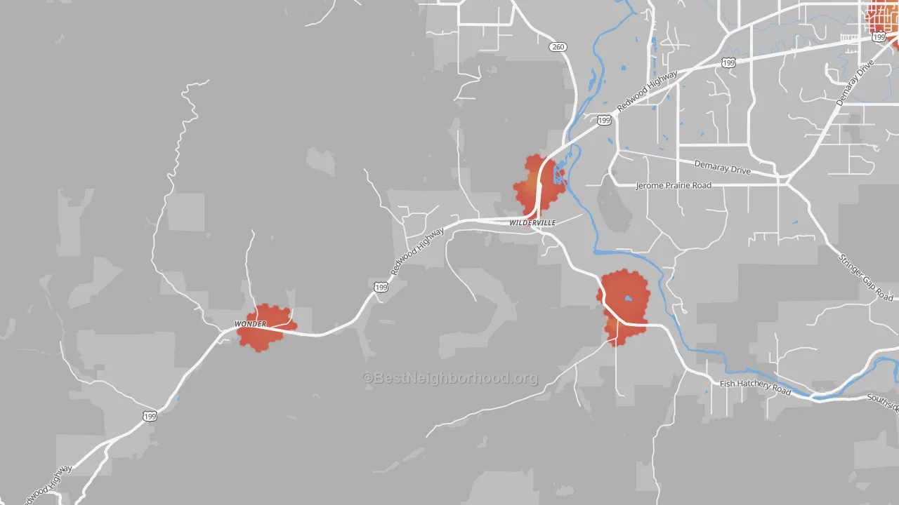 Walk Grade map of Wilderville, OR, walkable areas in green and car-dependent areas in red