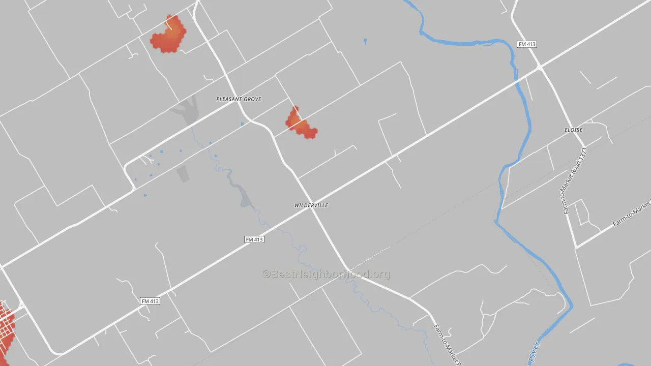Walk Grade map of Wilderville, TX, walkable areas in green and car-dependent areas in red