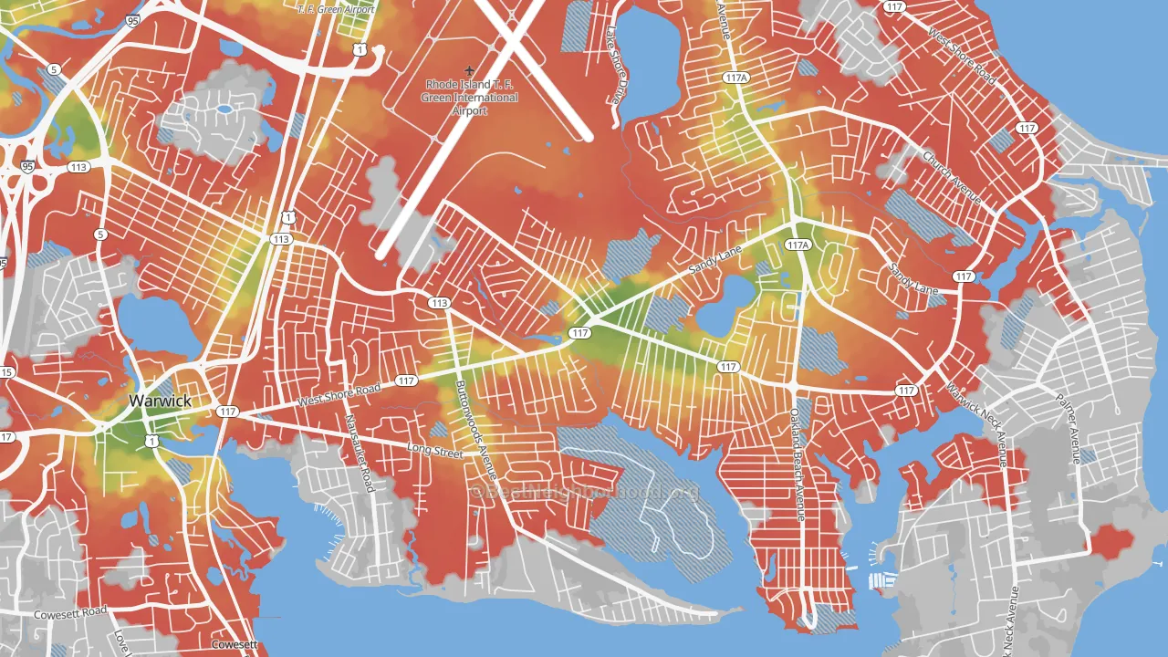 Walk Grade map of Wildes Corner, Warwick, RI, walkable areas in green and car-dependent areas in red