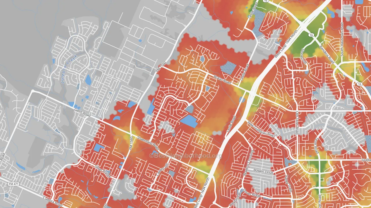 Walk Grade map of Wildhorse, San Antonio, TX, walkable areas in green and car-dependent areas in red