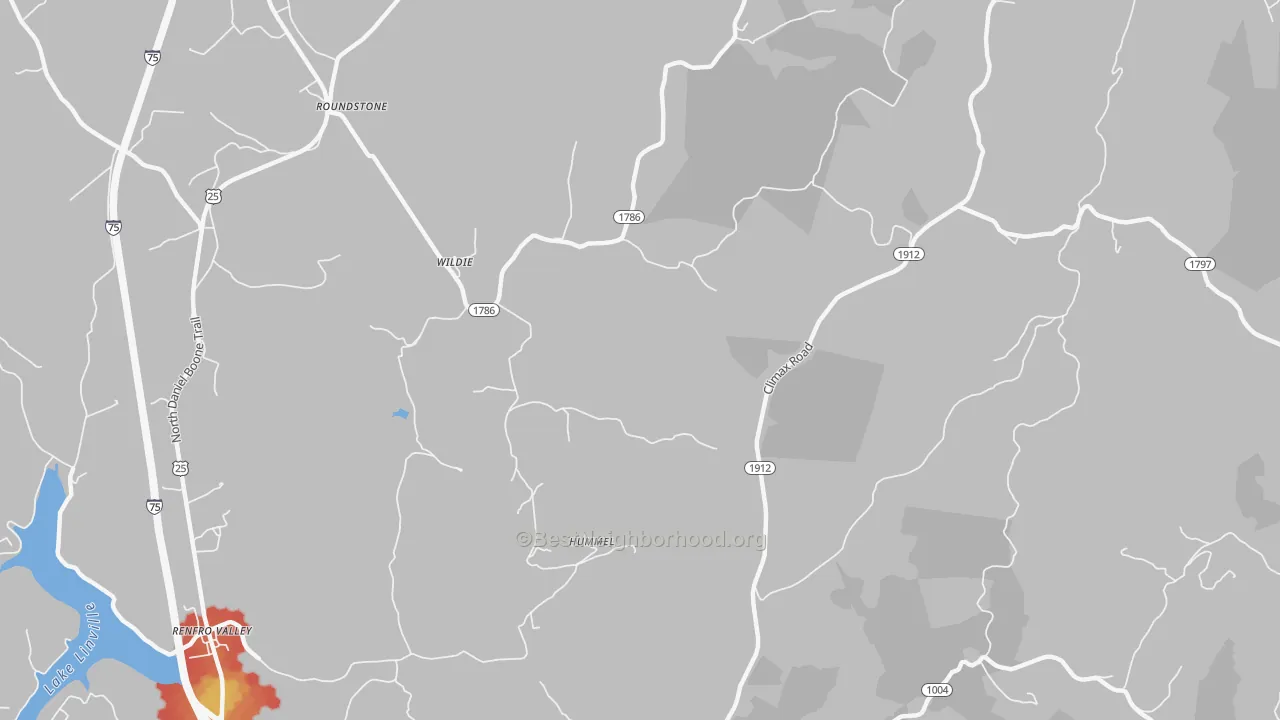Walk Grade map of Wildie, KY, walkable areas in green and car-dependent areas in red