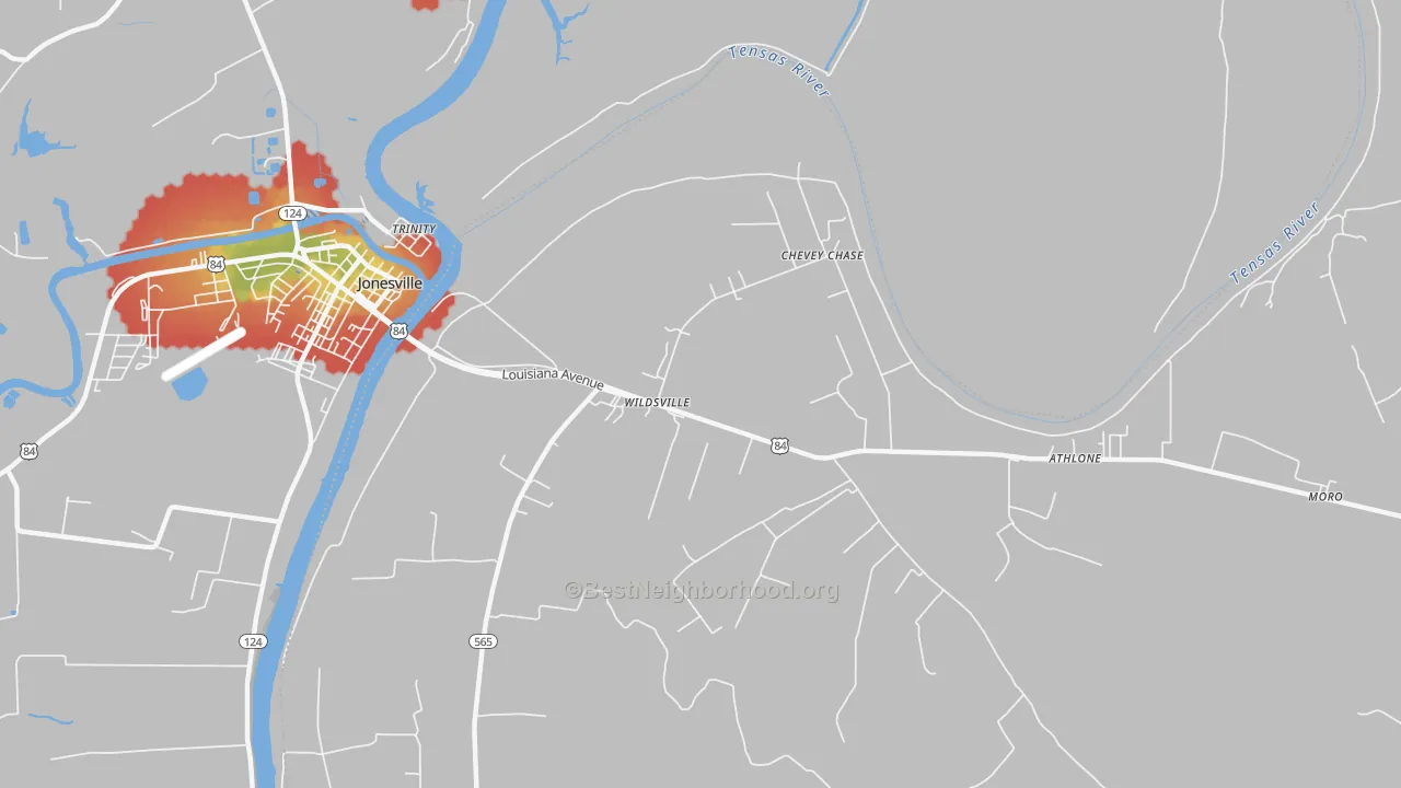 Walk Grade map of Wildsville, LA, walkable areas in green and car-dependent areas in red