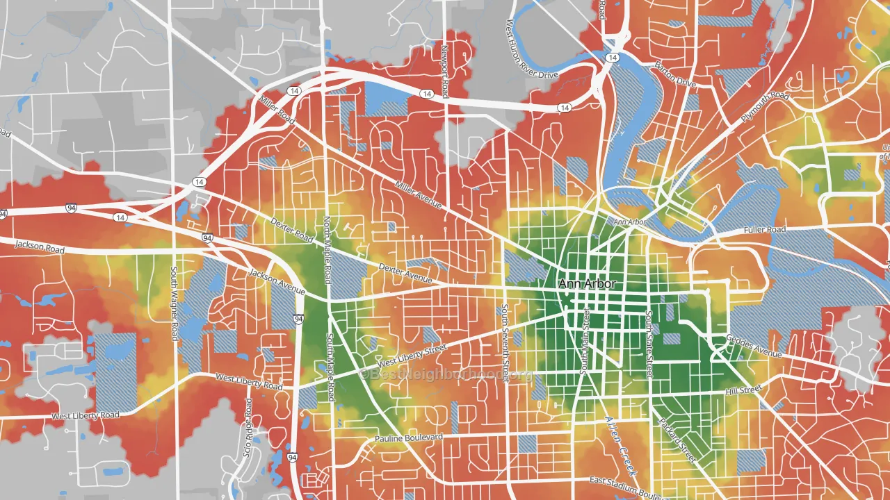 Walk Grade map of Wildwood, Ann Arbor, MI, walkable areas in green and car-dependent areas in red
