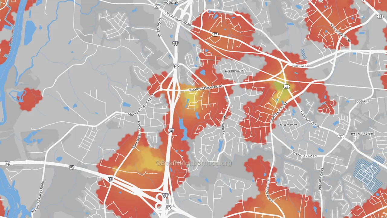 Walk Grade map of Wildwood, Charlotte, NC, walkable areas in green and car-dependent areas in red