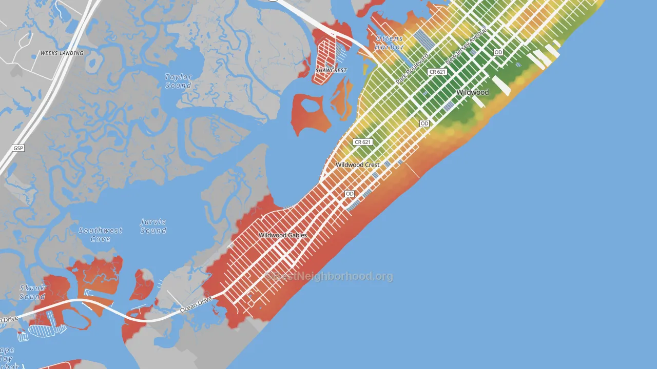 Walk Grade map of Wildwood Crest, NJ, walkable areas in green and car-dependent areas in red