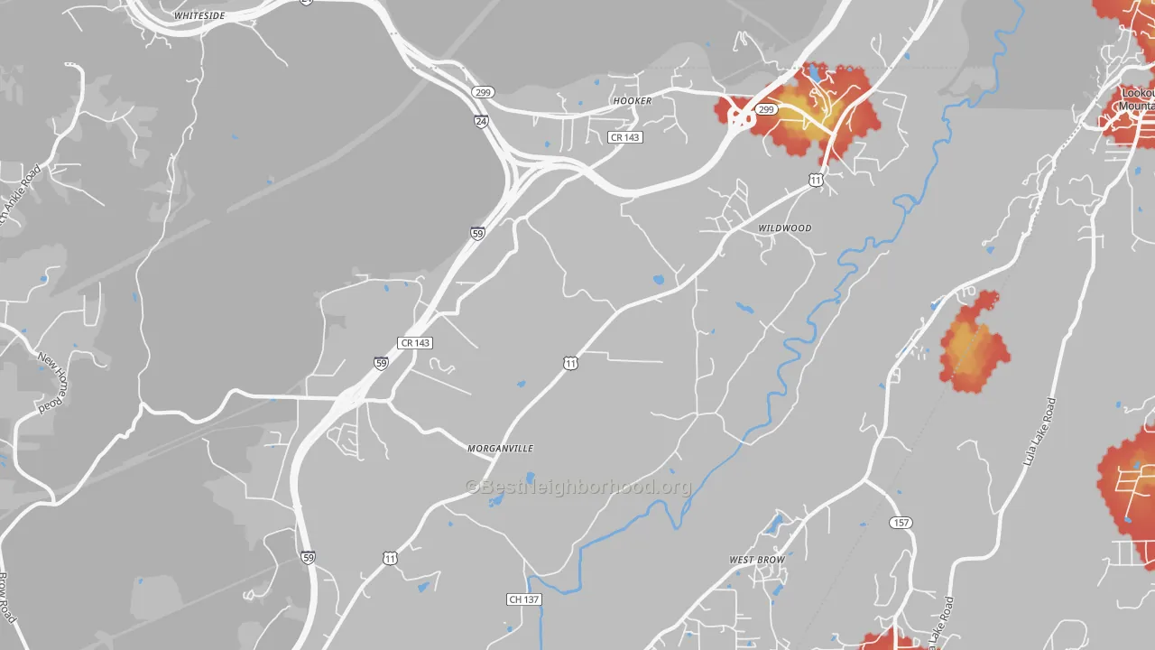 Walk Grade map of Wildwood, GA, walkable areas in green and car-dependent areas in red