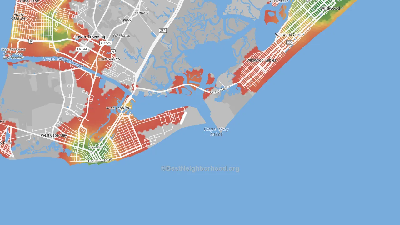 Walk Grade map of Wildwood Gables, NJ, walkable areas in green and car-dependent areas in red