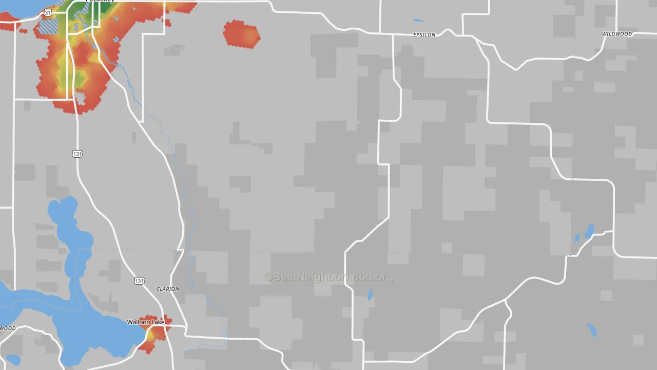Walk Grade map of Wildwood, MI, walkable areas in green and car-dependent areas in red
