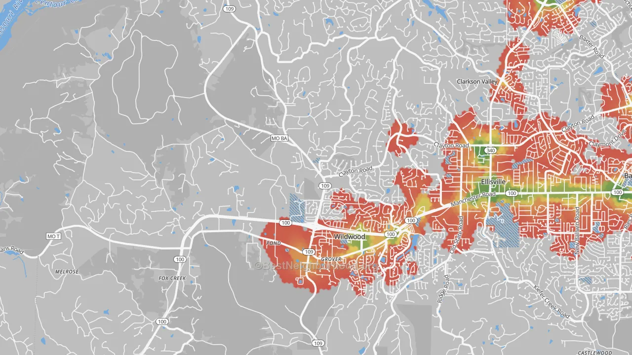Walk Grade map of Wildwood, MO, walkable areas in green and car-dependent areas in red