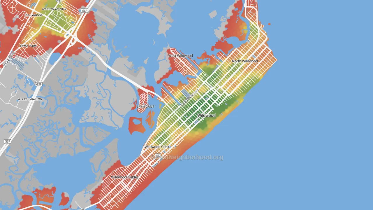 Walk Grade map of Wildwood, NJ, walkable areas in green and car-dependent areas in red
