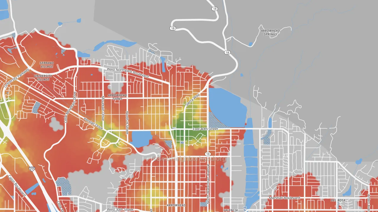 Walk Grade map of Wildwood Park, San Bernardino, CA, walkable areas in green and car-dependent areas in red