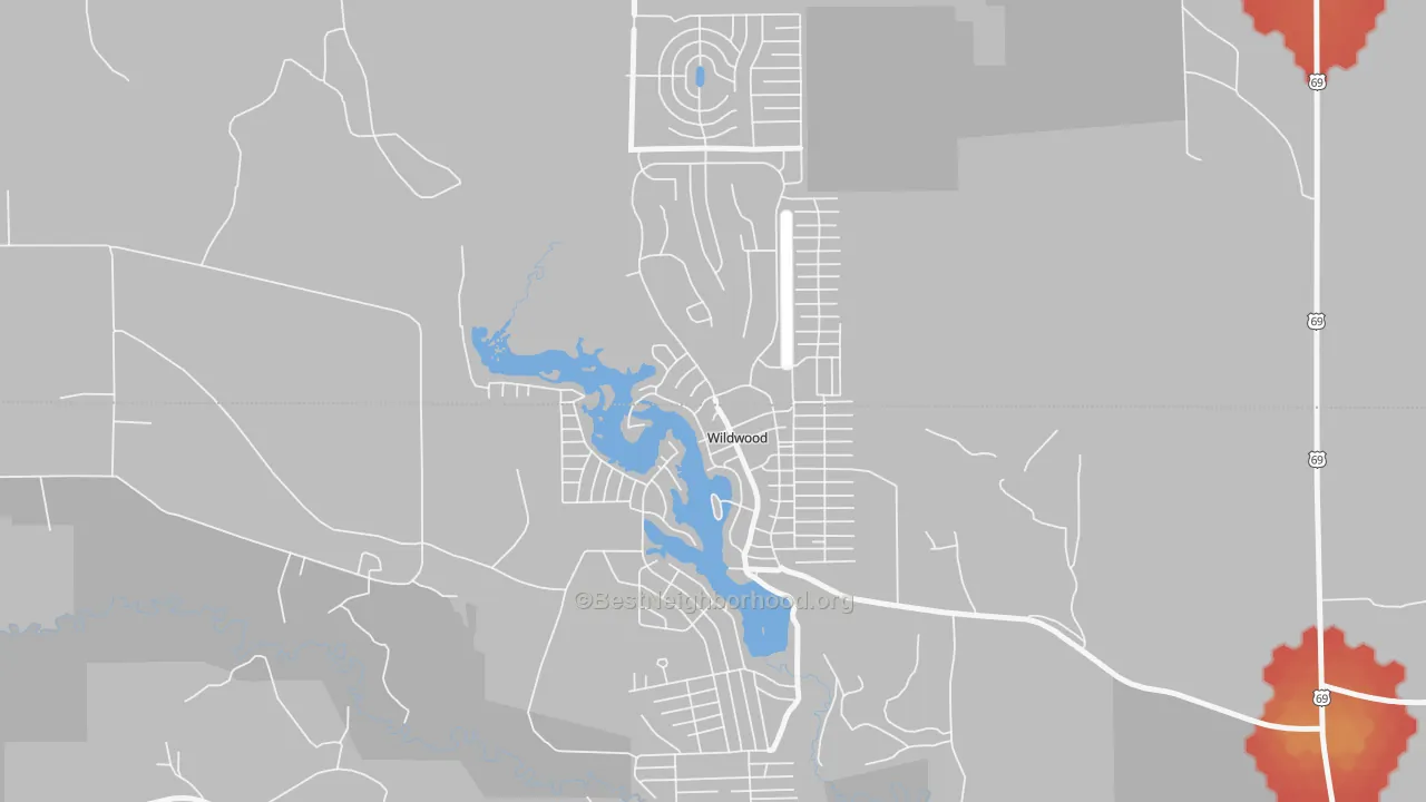 Walk Grade map of Wildwood, TX, walkable areas in green and car-dependent areas in red