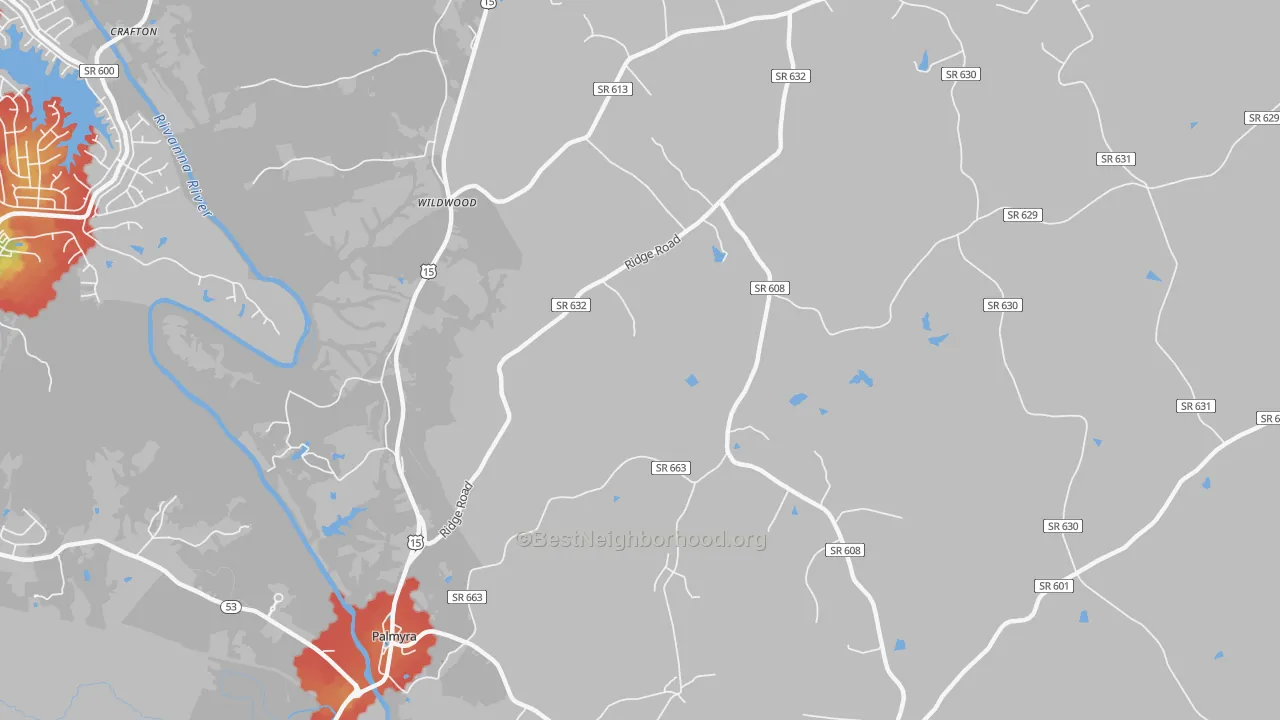 Walk Grade map of Wildwood, VA, walkable areas in green and car-dependent areas in red