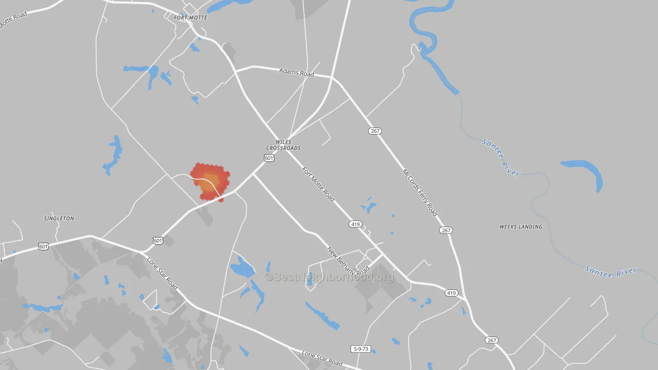 Walk Grade map of Wiles Crossroads, SC, walkable areas in green and car-dependent areas in red