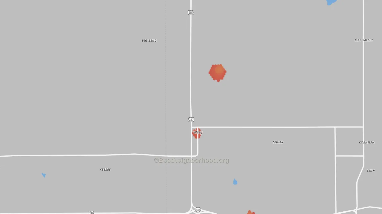 Walk Grade map of Wiley, CO, walkable areas in green and car-dependent areas in red