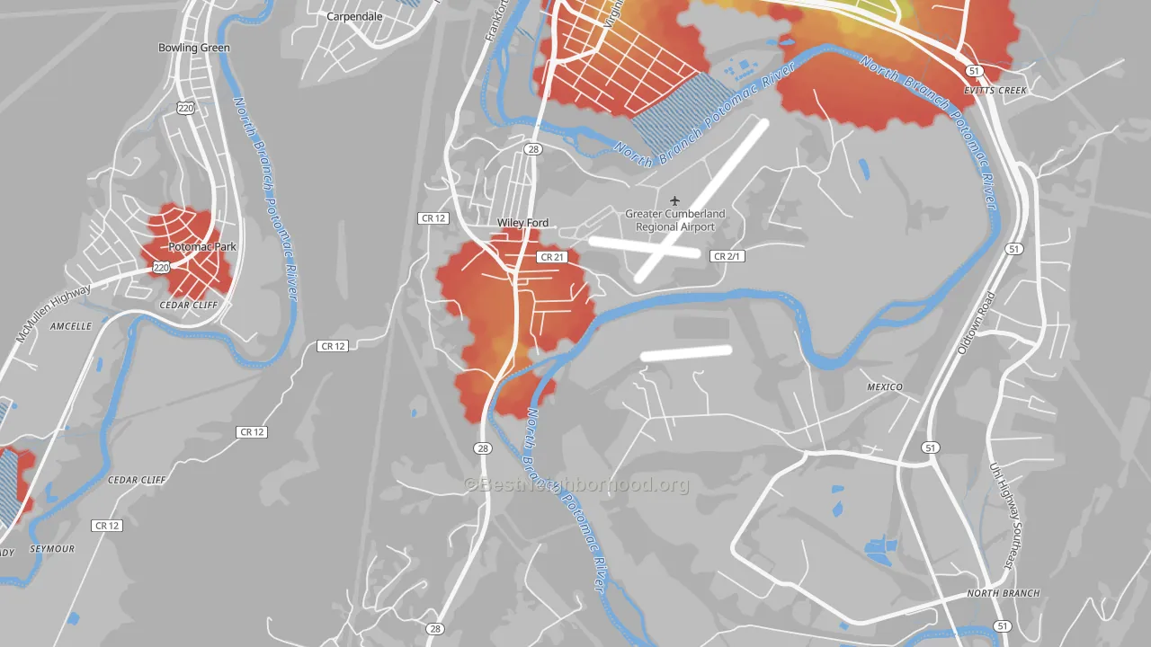 Walk Grade map of Wiley Ford, WV, walkable areas in green and car-dependent areas in red
