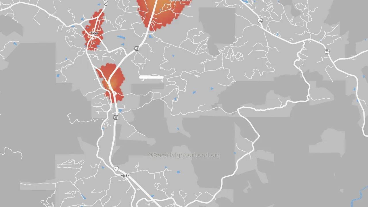 Walk Grade map of Wiley, GA, walkable areas in green and car-dependent areas in red