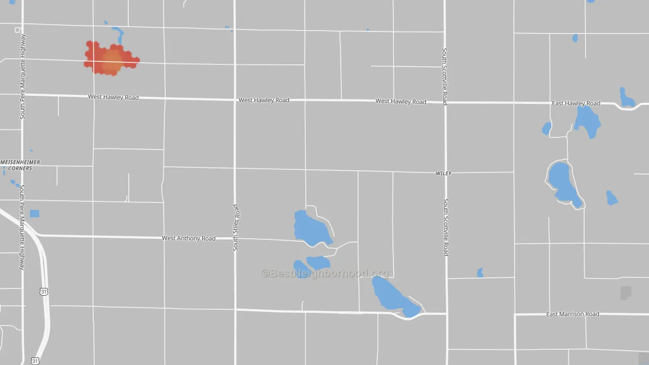 Walk Grade map of Wiley, MI, walkable areas in green and car-dependent areas in red