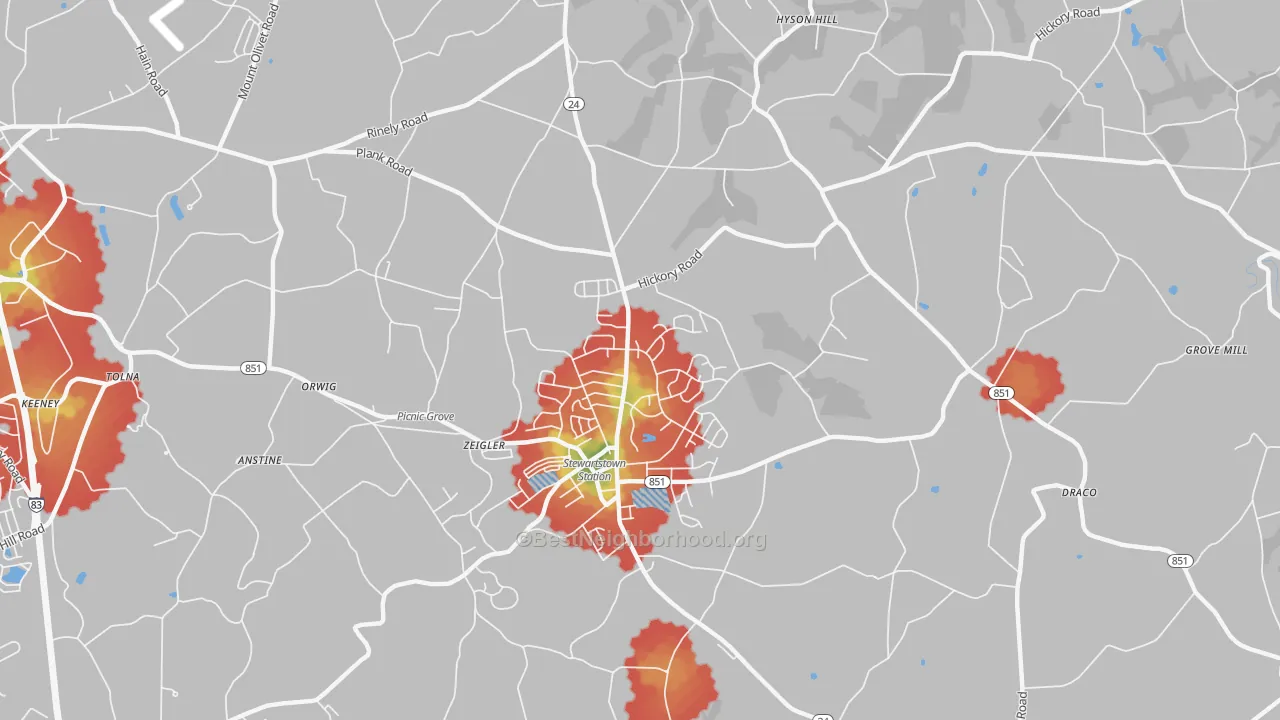Walk Grade map of Wiley, PA, walkable areas in green and car-dependent areas in red