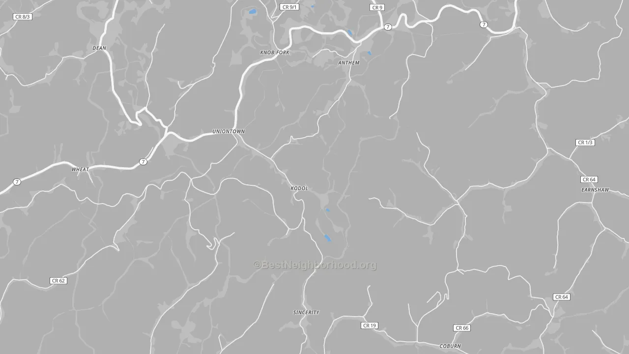 Walk Grade map of Wileyville, WV, walkable areas in green and car-dependent areas in red