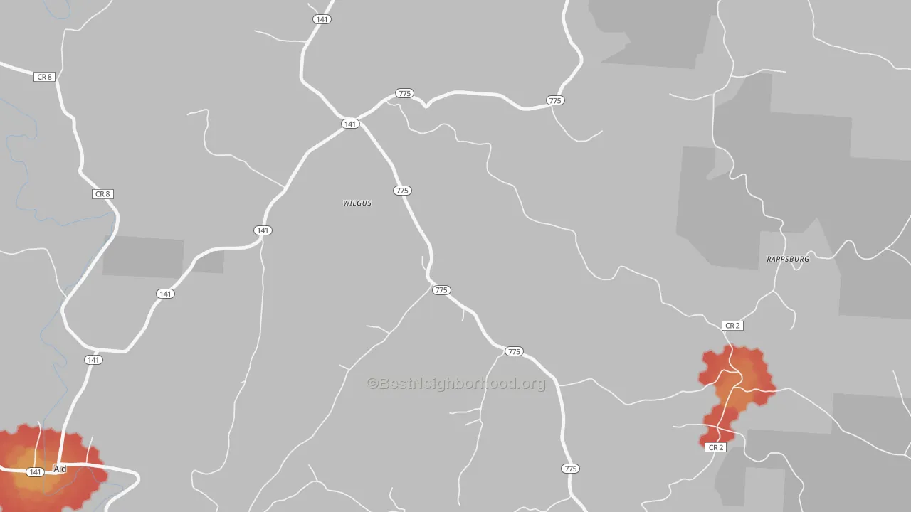 Walk Grade map of Wilgus, OH, walkable areas in green and car-dependent areas in red