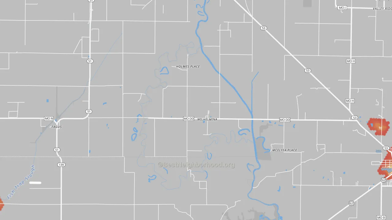 Walk Grade map of Wilhelmina, MO, walkable areas in green and car-dependent areas in red