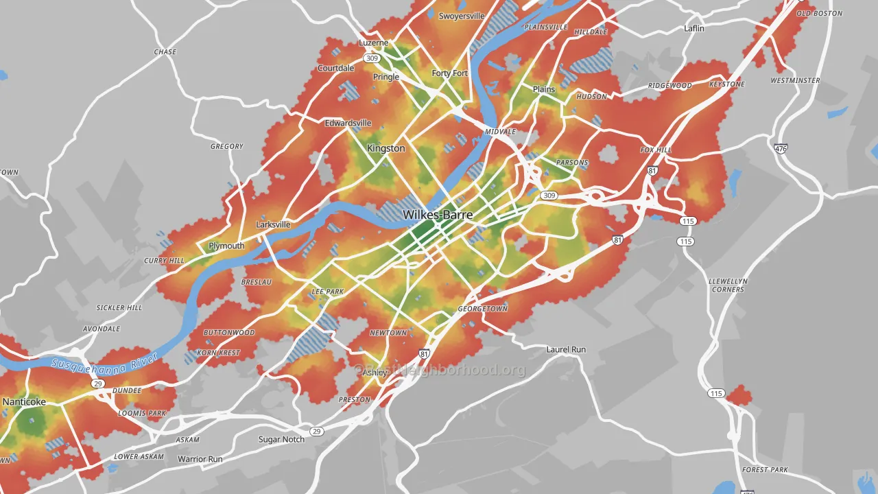 Walk Grade map of Wilkes-Barre, PA, walkable areas in green and car-dependent areas in red