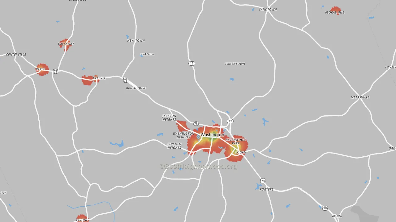 Walk Grade map of Wilkes County, GA, walkable areas in green and car-dependent areas in red