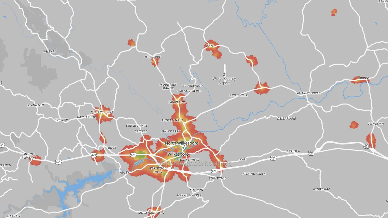Walk Grade map of Wilkes County, NC, walkable areas in green and car-dependent areas in red