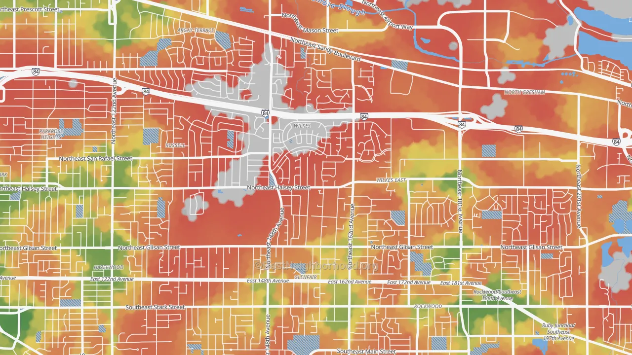 Walk Grade map of Wilkes, Portland, OR, walkable areas in green and car-dependent areas in red
