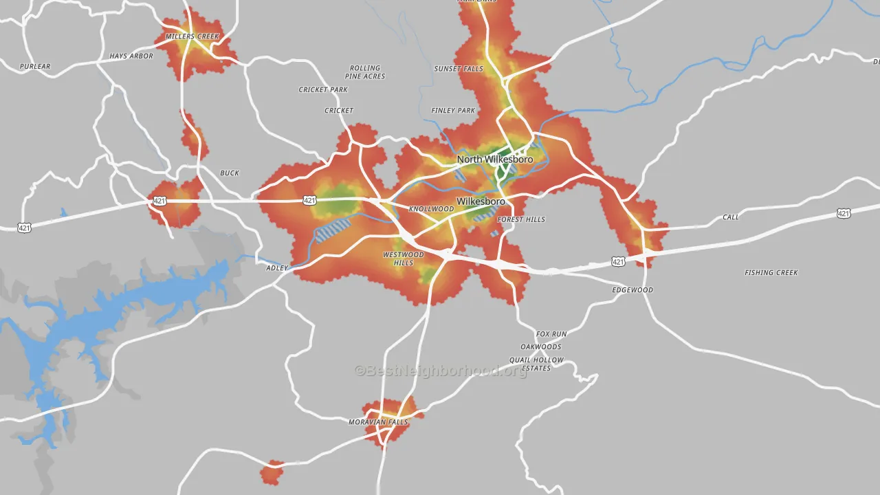 Walk Grade map of Wilkesboro, NC, walkable areas in green and car-dependent areas in red