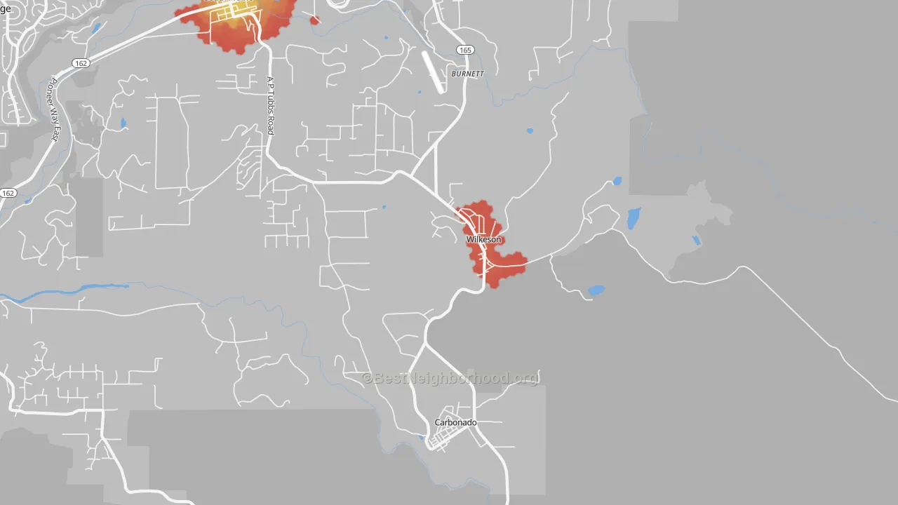 Walk Grade map of Wilkeson, WA, walkable areas in green and car-dependent areas in red
