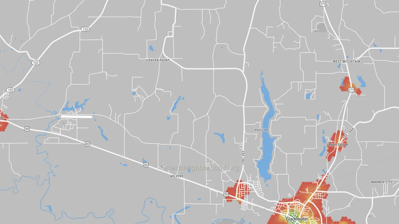 Walk Grade map of Wilkins, TX, walkable areas in green and car-dependent areas in red