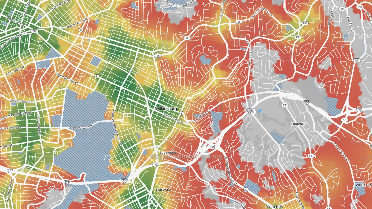 Walk Grade map of Wilkinsburg, PA, walkable areas in green and car-dependent areas in red