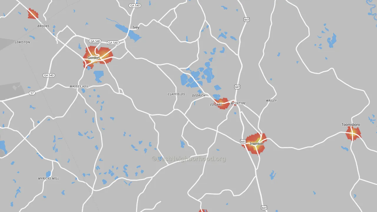 Walk Grade map of Wilkinson County, GA, walkable areas in green and car-dependent areas in red