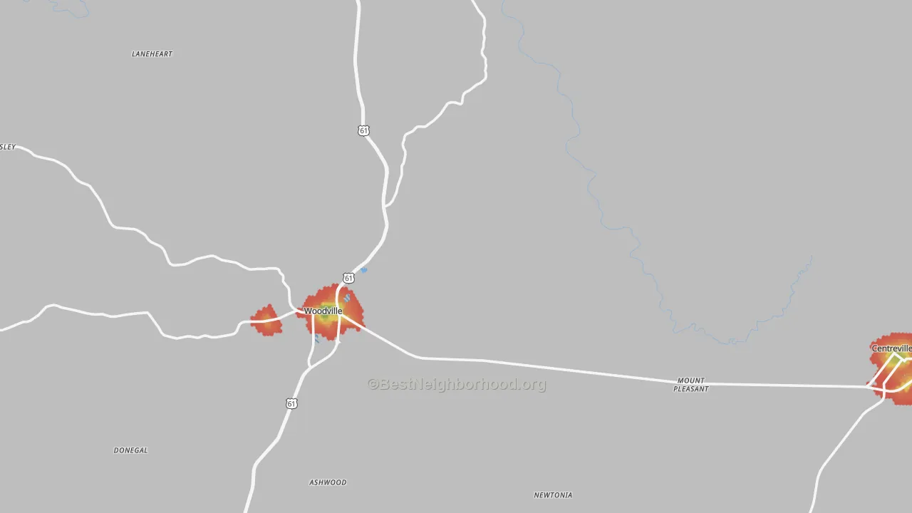 Walk Grade map of Wilkinson County, MS, walkable areas in green and car-dependent areas in red