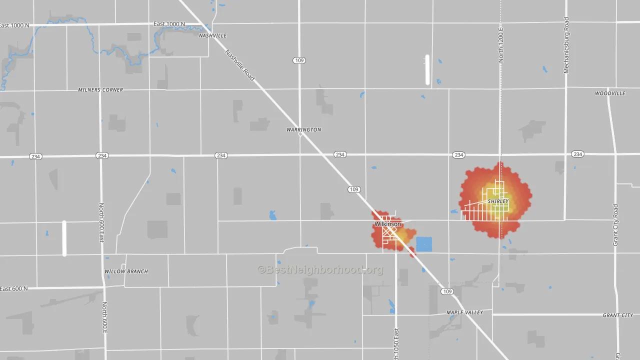 Walk Grade map of Wilkinson, IN, walkable areas in green and car-dependent areas in red