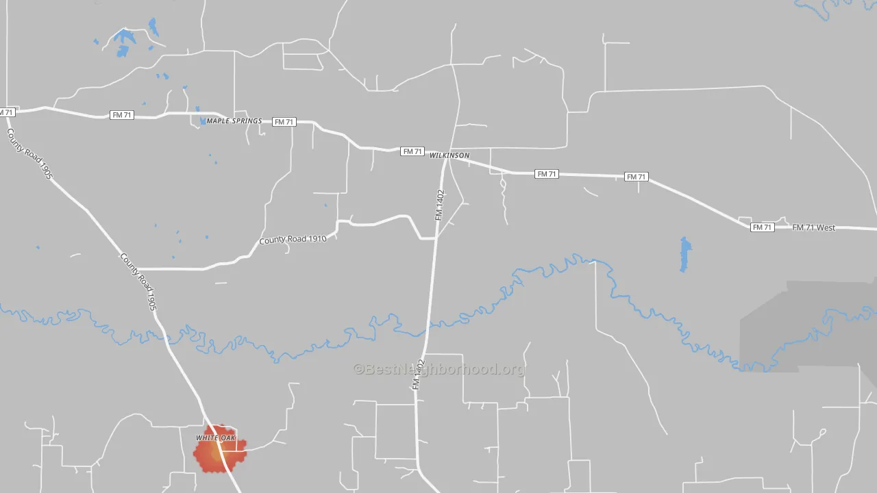 Walk Grade map of Wilkinson, TX, walkable areas in green and car-dependent areas in red