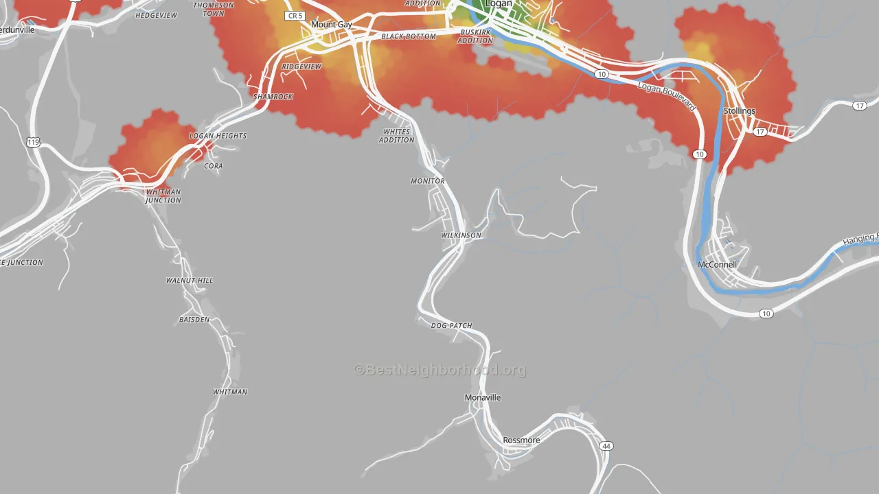 Walk Grade map of Wilkinson, WV, walkable areas in green and car-dependent areas in red