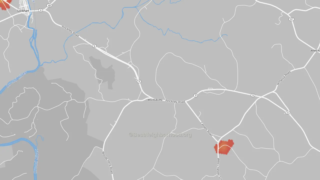 Walk Grade map of Wilksburg, SC, walkable areas in green and car-dependent areas in red