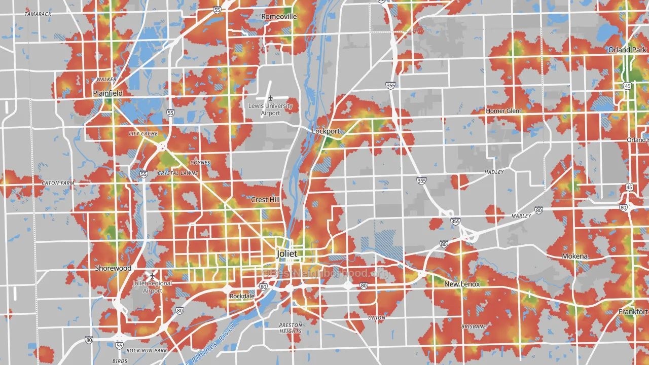 Walk Grade map of Will County, IL, walkable areas in green and car-dependent areas in red