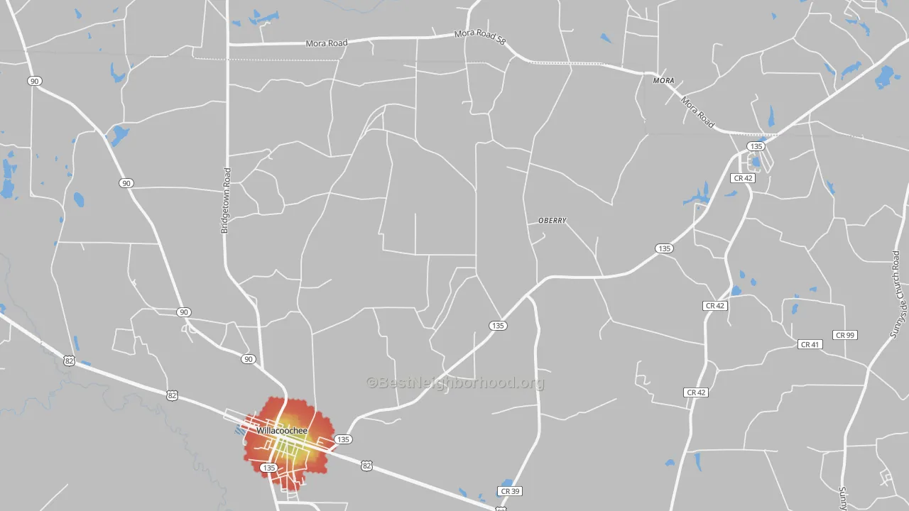 Walk Grade map of Willacoochee, GA, walkable areas in green and car-dependent areas in red