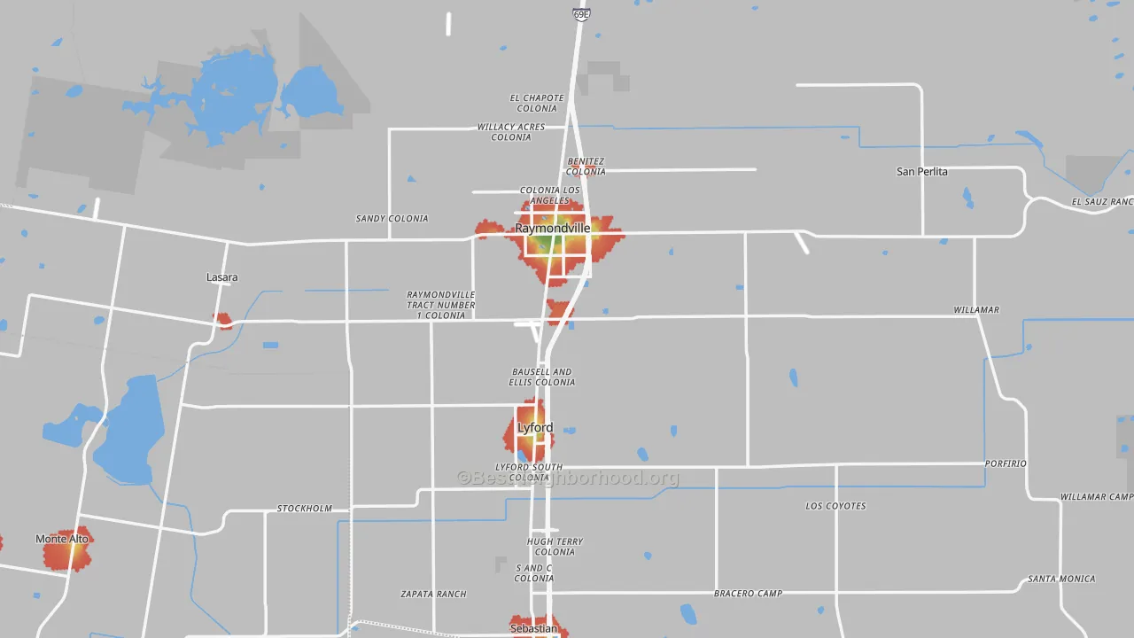 Walk Grade map of Willacy County, TX, walkable areas in green and car-dependent areas in red