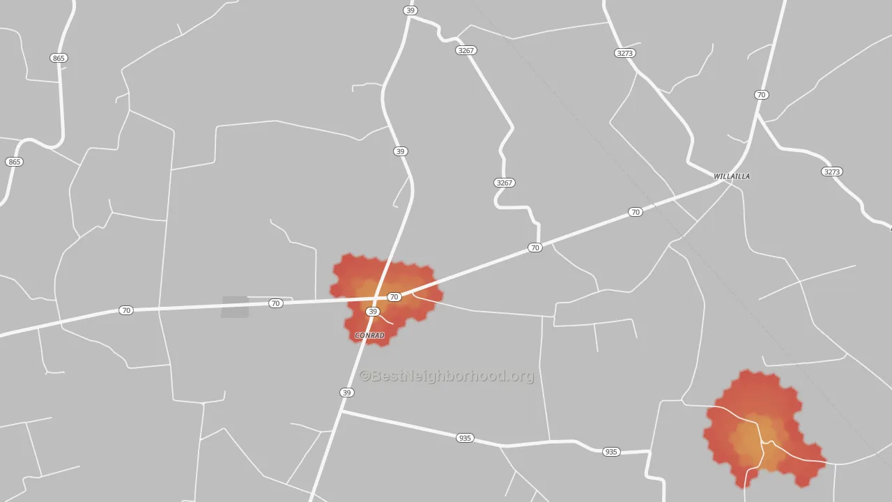 Walk Grade map of Willailla, KY, walkable areas in green and car-dependent areas in red