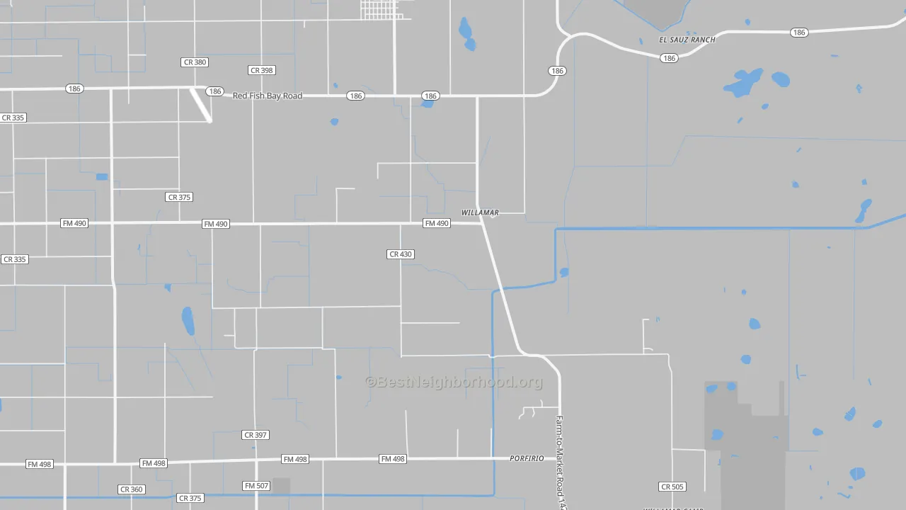 Walk Grade map of Willamar, TX, walkable areas in green and car-dependent areas in red