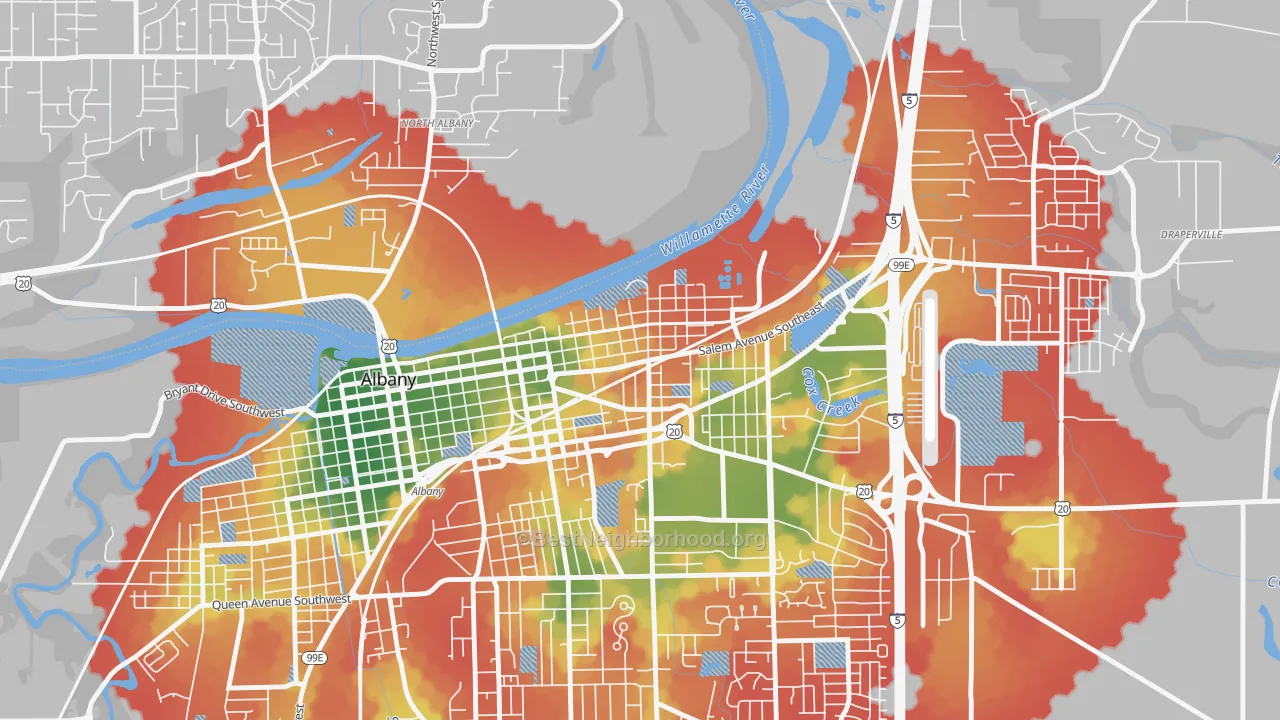 Walk Grade map of Willamette, Albany, OR, walkable areas in green and car-dependent areas in red